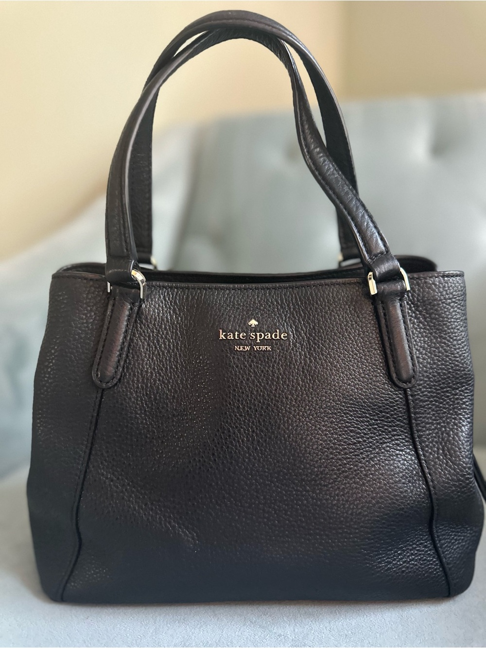 kate spade Black Pebbled Leather Satchel with Gold Logo